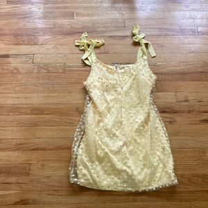 Francesca’s Blue Rain Yellow Mesh Overlay Floral Dress